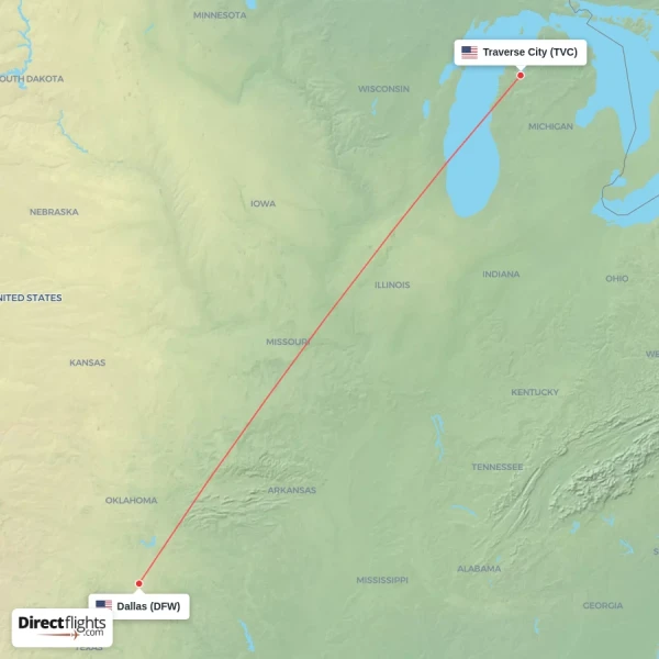 Traverse City - Dallas direct flight map