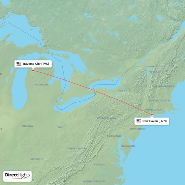 Traverse City - New Haven direct flight map