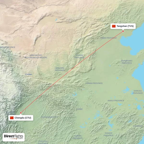 Tangshan - Chengdu direct flight map
