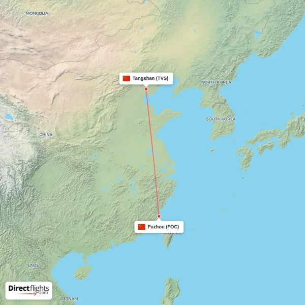 Tangshan - Fuzhou direct flight map
