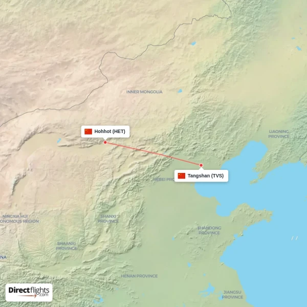 Tangshan - Hohhot direct flight map