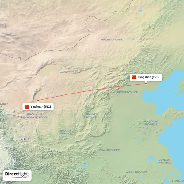 Tangshan - Yinchuan direct flight map