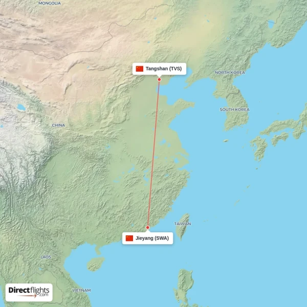 Tangshan - Jieyang direct flight map