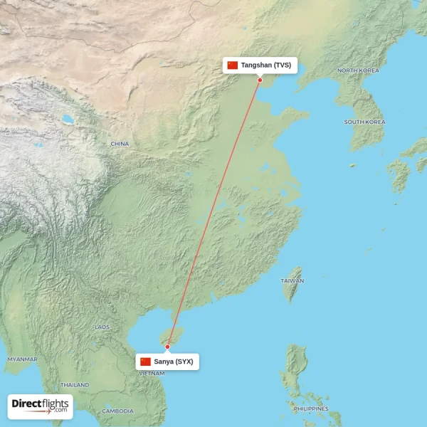 Tangshan - Sanya direct flight map