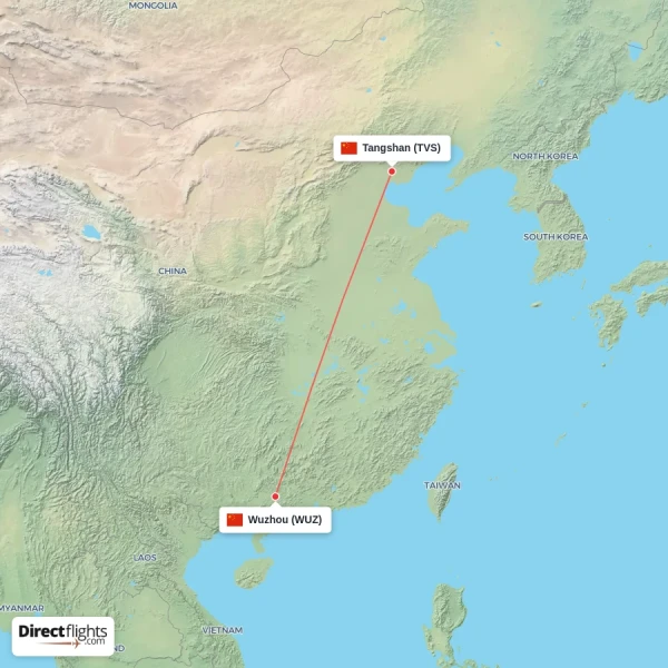 Tangshan - Wuzhou direct flight map