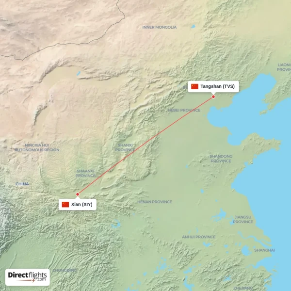 Tangshan - Xian direct flight map