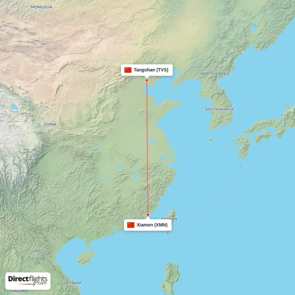 Tangshan - Xiamen direct flight map