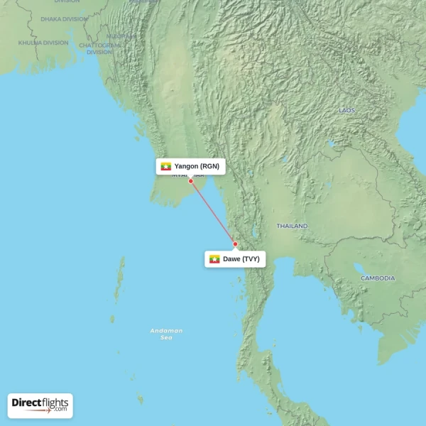 Dawe - Yangon direct flight map