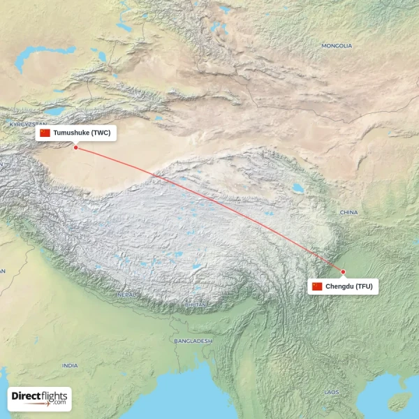 Tumushuke - Chengdu direct flight map