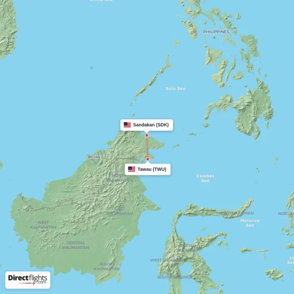 Tawau - Sandakan direct flight map