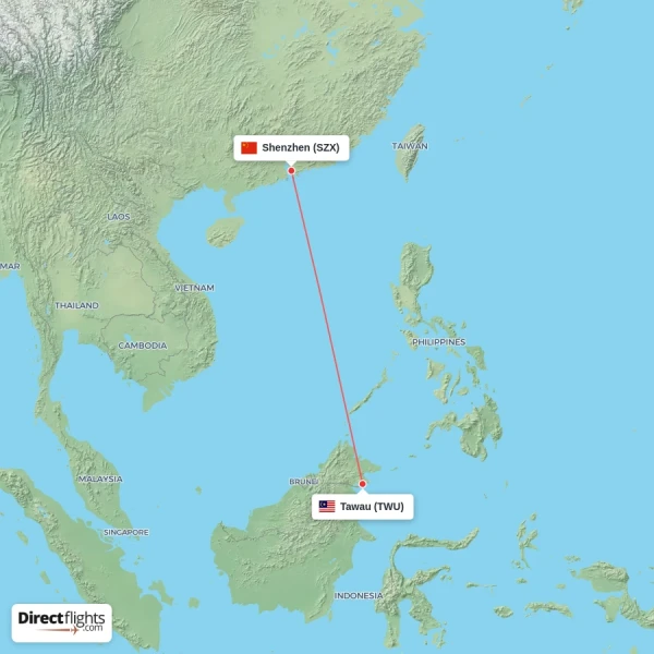 Tawau - Shenzhen direct flight map