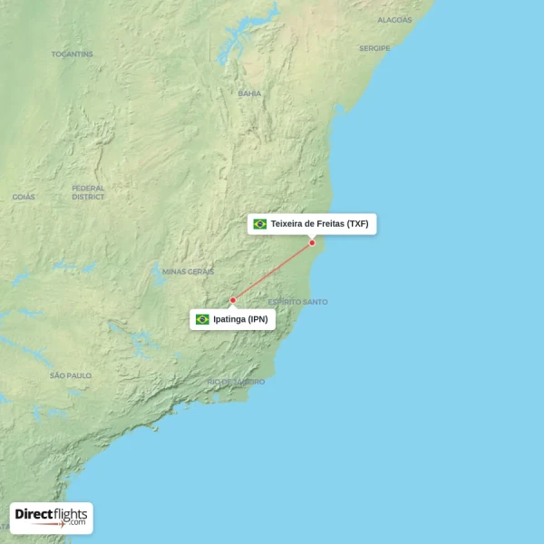 Teixeira de Freitas - Ipatinga direct flight map