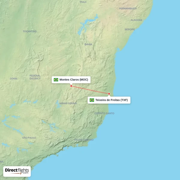 Teixeira de Freitas - Montes Claros direct flight map