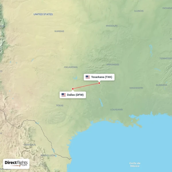 Texarkana - Dallas direct flight map