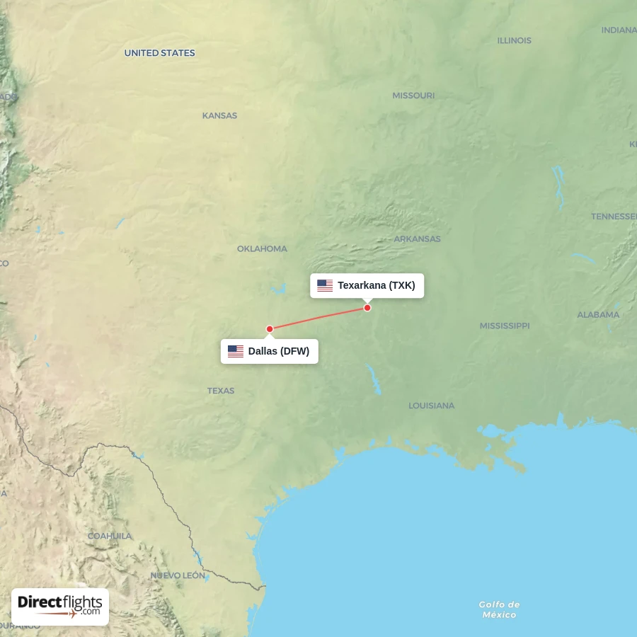 TXK - DFW route map