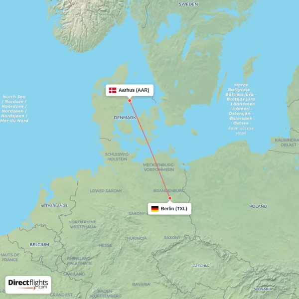 Berlin - Aarhus direct flight map