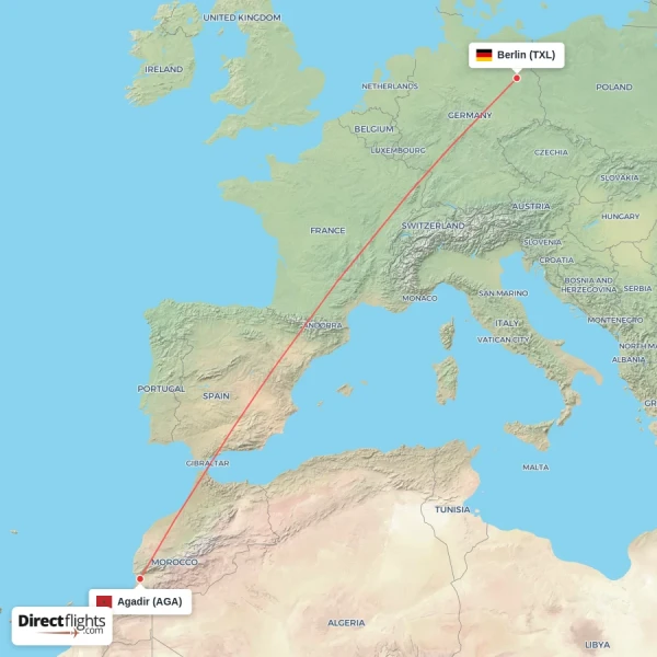 Berlin - Agadir direct flight map