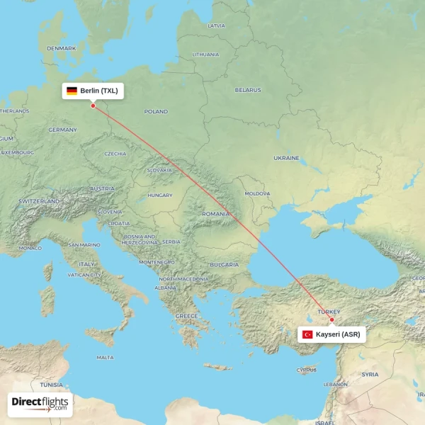 Berlin - Kayseri direct flight map
