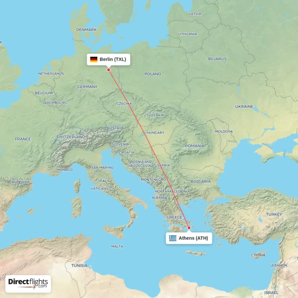 Berlin - Athens direct flight map