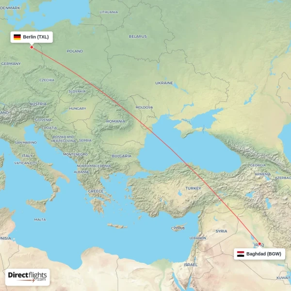 Berlin - Baghdad direct flight map