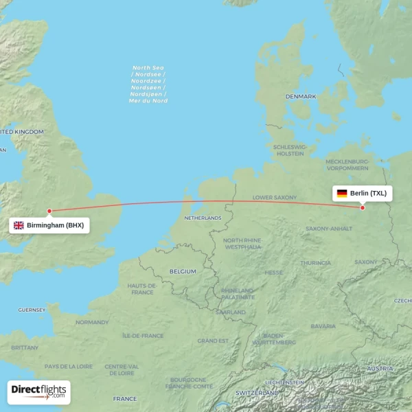 Berlin - Birmingham direct flight map