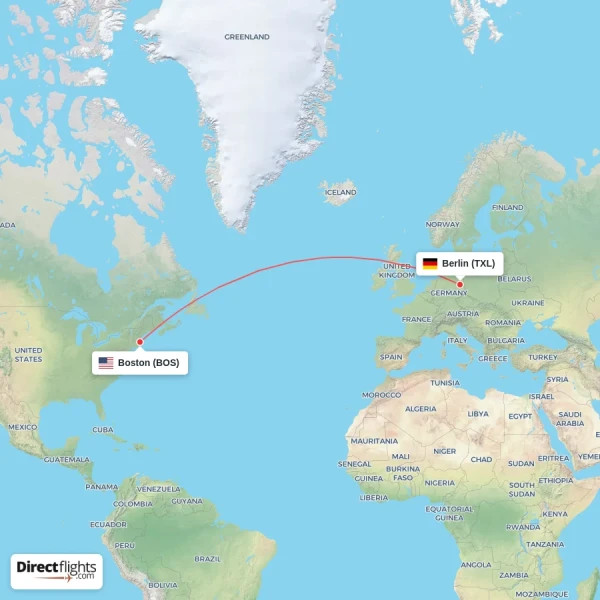 Berlin - Boston direct flight map