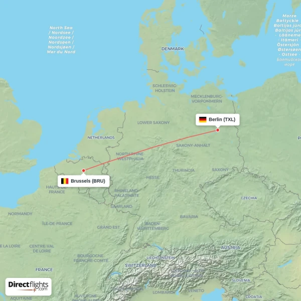 Berlin - Brussels direct flight map