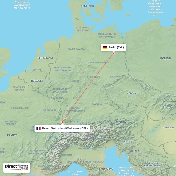 Berlin - Basel, Switzerland/Mulhouse direct flight map