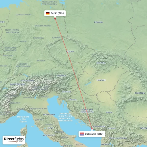 Berlin - Dubrovnik direct flight map