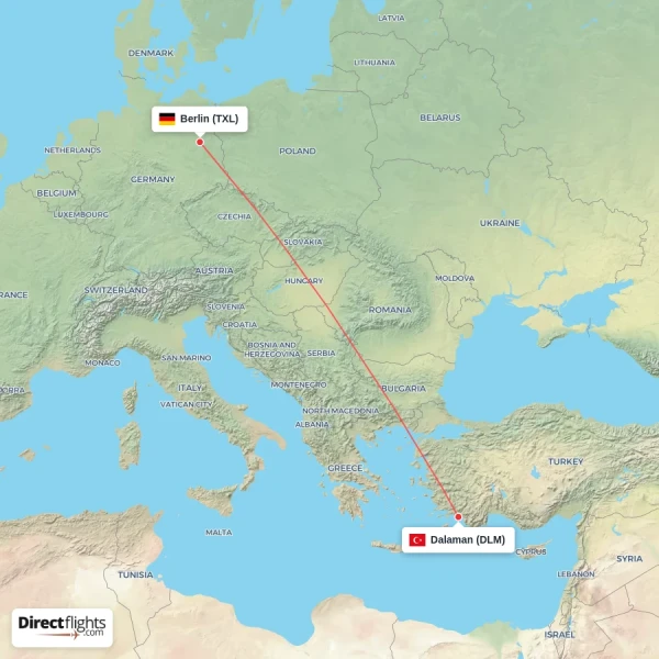 Berlin - Dalaman direct flight map