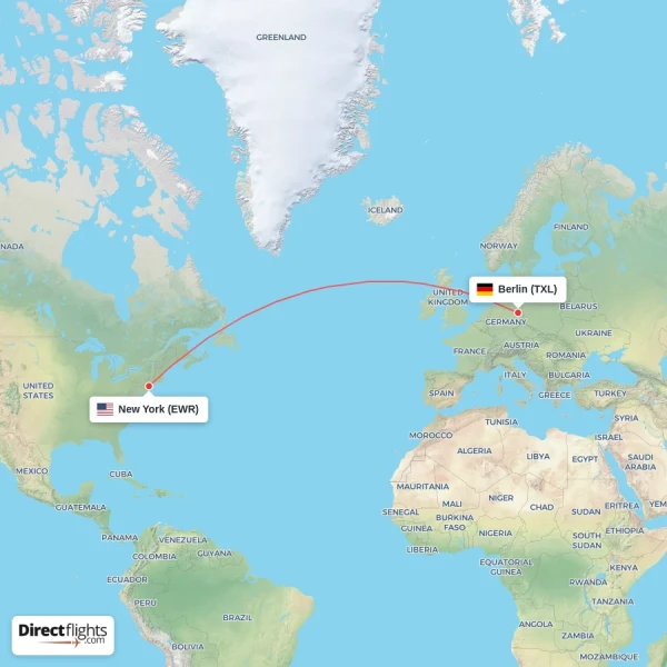 Berlin - New York direct flight map