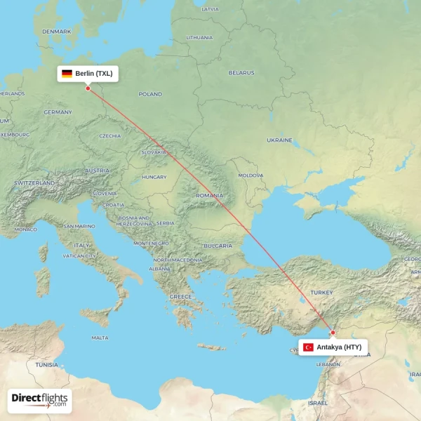Berlin - Antakya direct flight map
