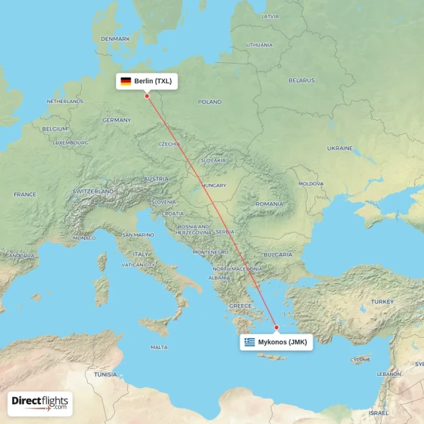 Berlin - Mykonos direct flight map