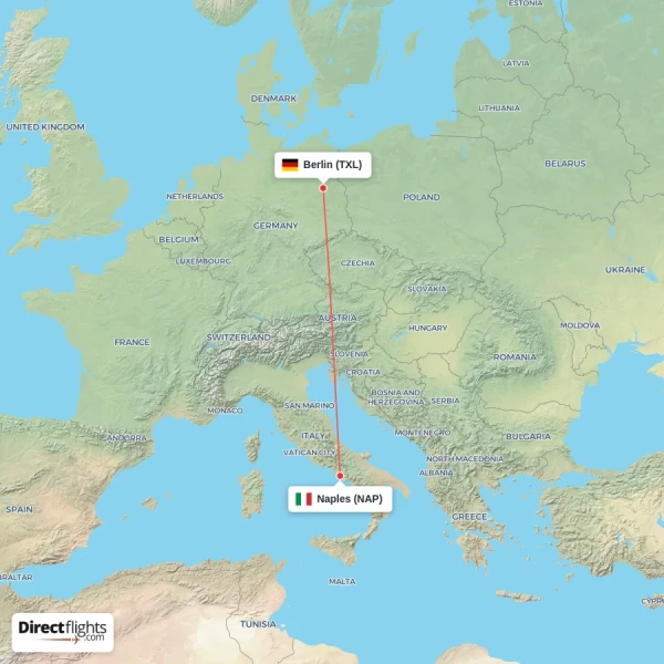 Berlin - Naples direct flight map