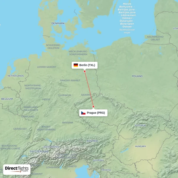 Berlin - Prague direct flight map