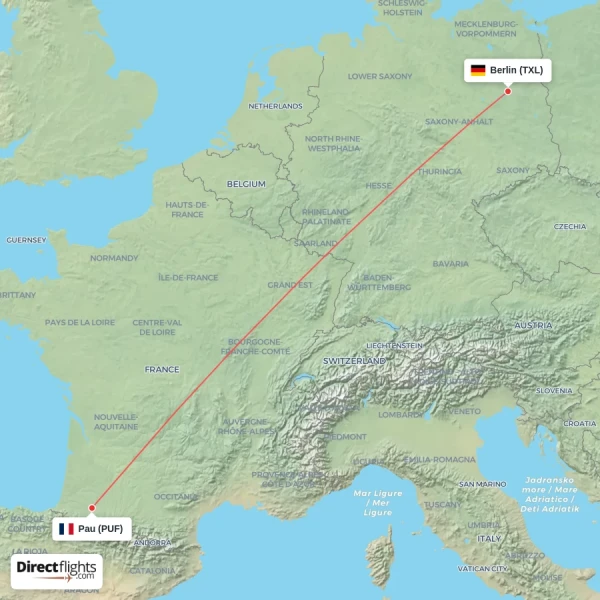 Berlin - Pau direct flight map