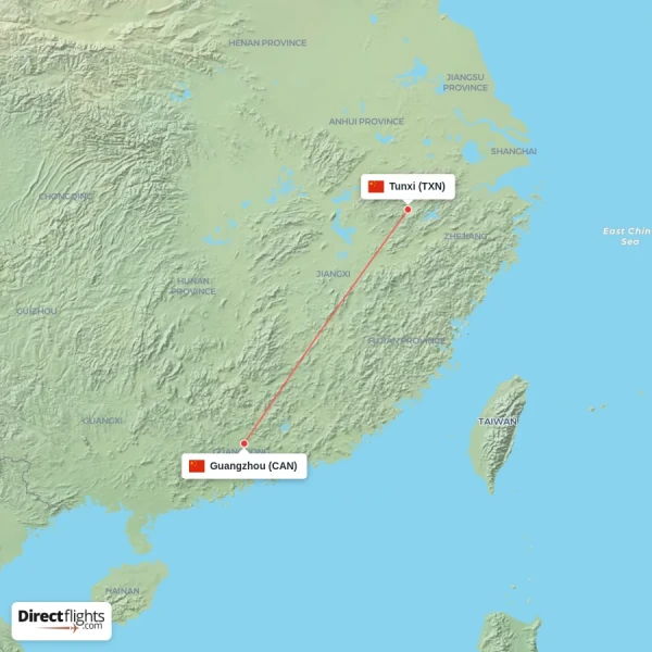 Tunxi - Guangzhou direct flight map