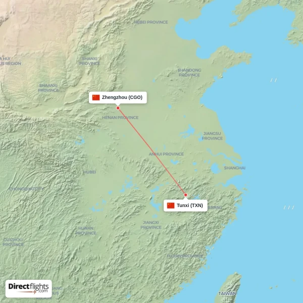 Tunxi - Zhengzhou direct flight map