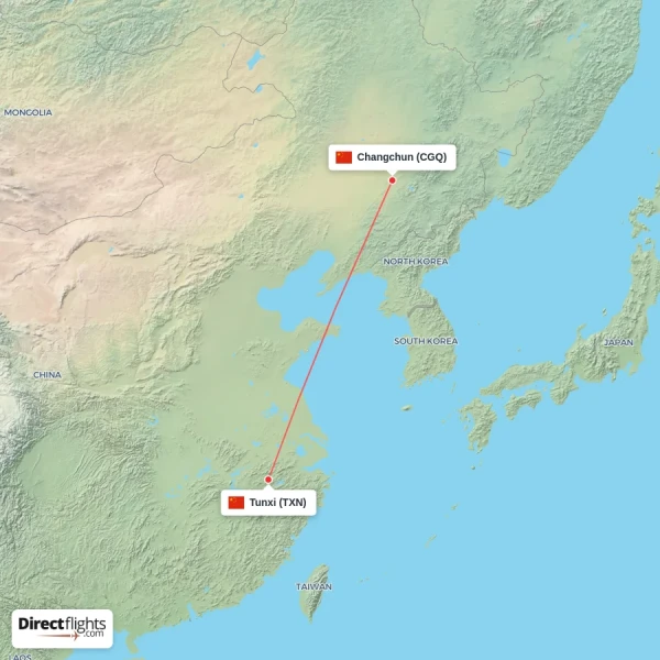 Tunxi - Changchun direct flight map