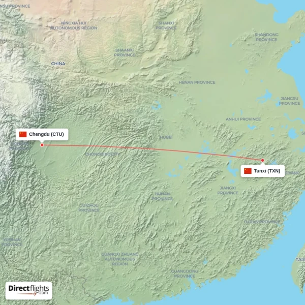 Tunxi - Chengdu direct flight map
