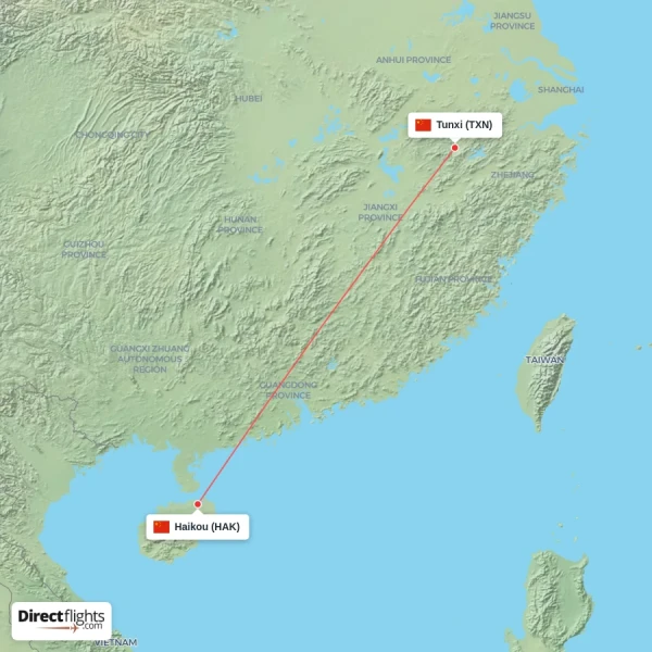Tunxi - Haikou direct flight map