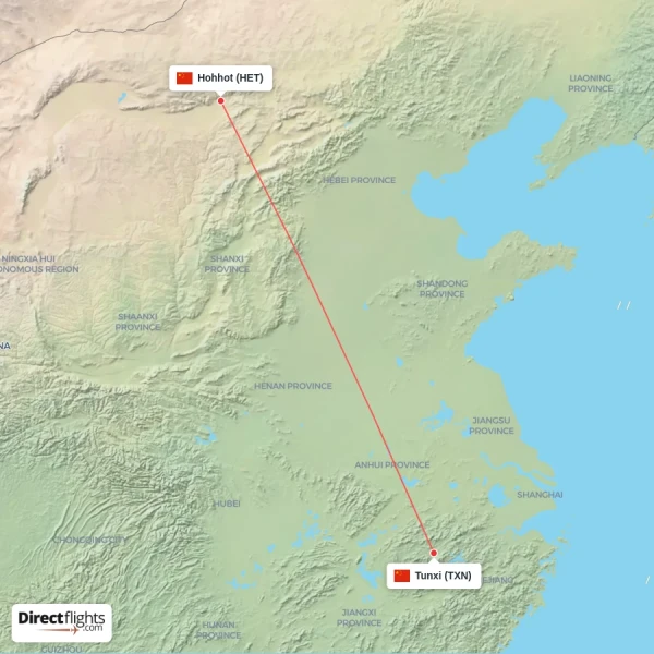 Tunxi - Hohhot direct flight map