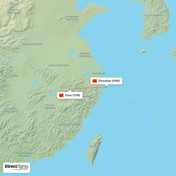 Tunxi - Zhoushan direct flight map