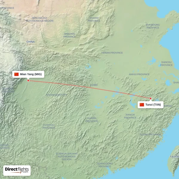 Tunxi - Mian Yang direct flight map