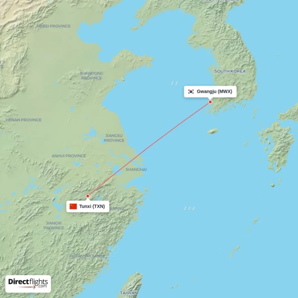 Tunxi - Gwangju direct flight map