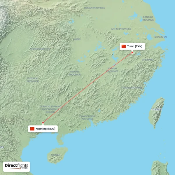Tunxi - Nanning direct flight map