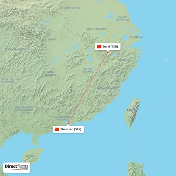 Tunxi - Shenzhen direct flight map