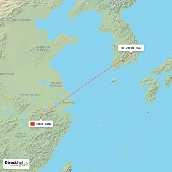 Tunxi - Daegu direct flight map