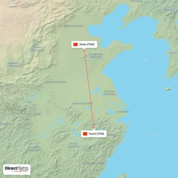 Tunxi - Jinan direct flight map