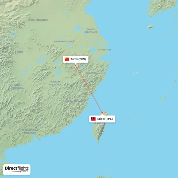 Tunxi - Taipei direct flight map